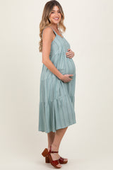 Light Olive Dot Stripe Tiered Maternity Midi Dress