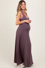 Purple Solid Open Back Sleeveless Maternity Maxi Dress