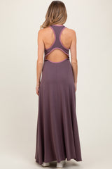 Purple Solid Open Back Sleeveless Maternity Maxi Dress