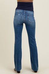 Navy Blue Distressed Raw Hem Maternity Bootcut Jeans