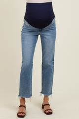 Light Blue Distressed Fringe Hem Cropped Straight Leg Maternity Jeans