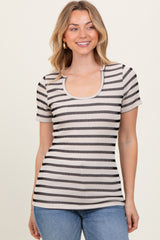 Beige Black Stripe Short Sleeve Round Neck Maternity Top