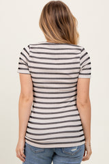 Beige Black Stripe Short Sleeve Round Neck Top
