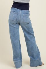 Blue Front Seam Wide Flare Leg Maternity Jeans