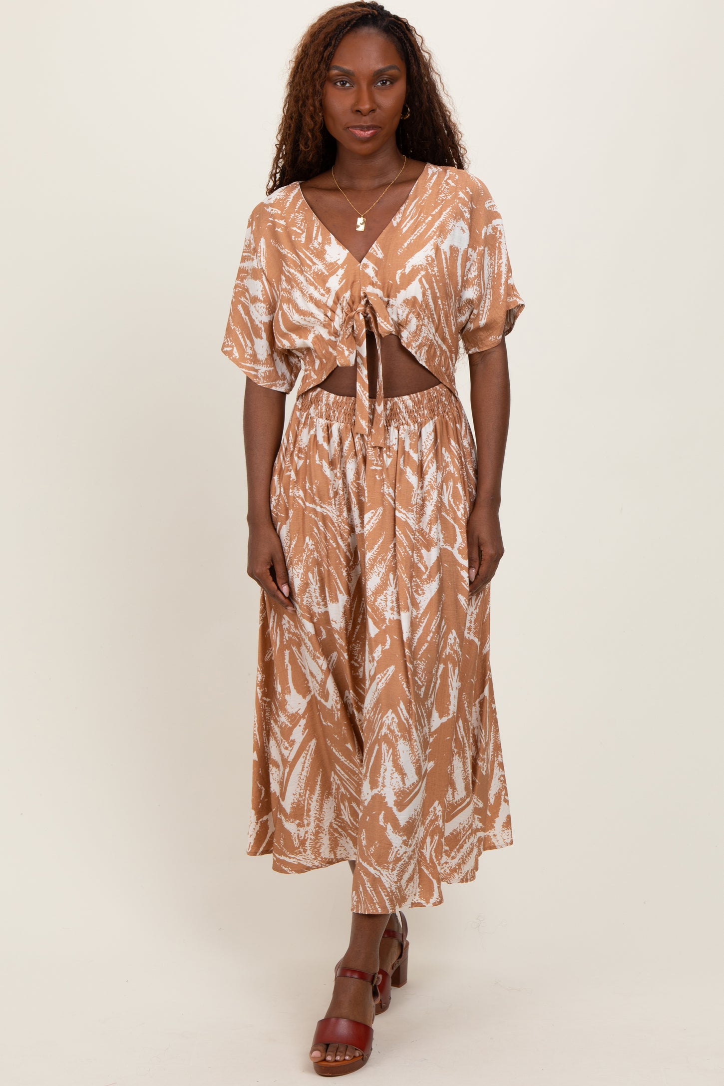 Camel Brushstroke Print Cutout Midi Dress