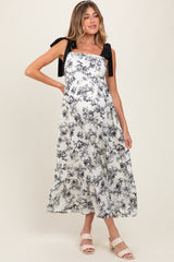 Cream/Black Floral Print Shoulder Bow Tie Maternity Midi Dress