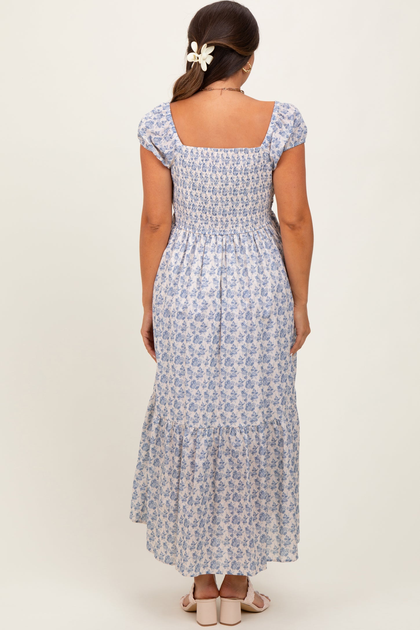Light Blue Floral Ruched Bow Tie Floral Maternity Maxi Dress