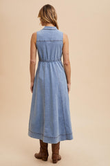 Blue Medium Wash Collared Denim Flare Midi Dress