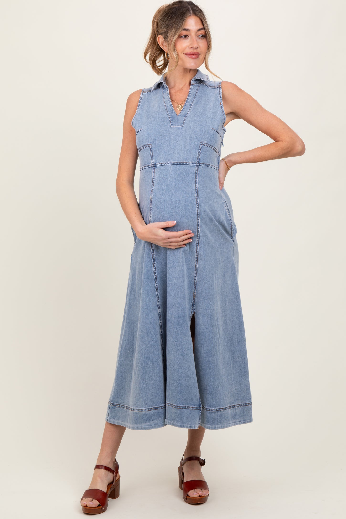 Blue Medium Wash Collared Denim Flare Maternity Midi Dress