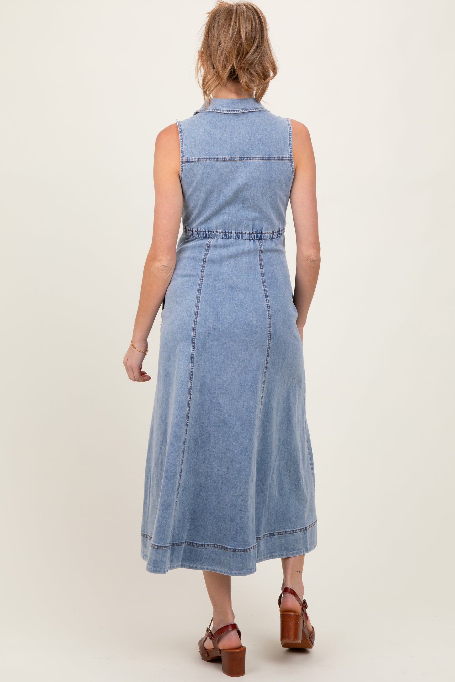 Blue Medium Wash Collared Denim Flare Maternity Midi Dress