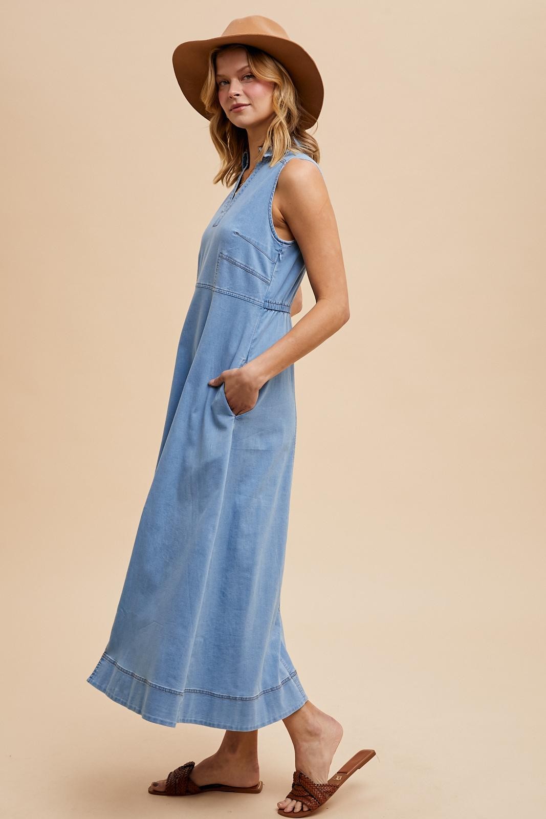Light Blue Wash Collared Denim Flare Midi Dress