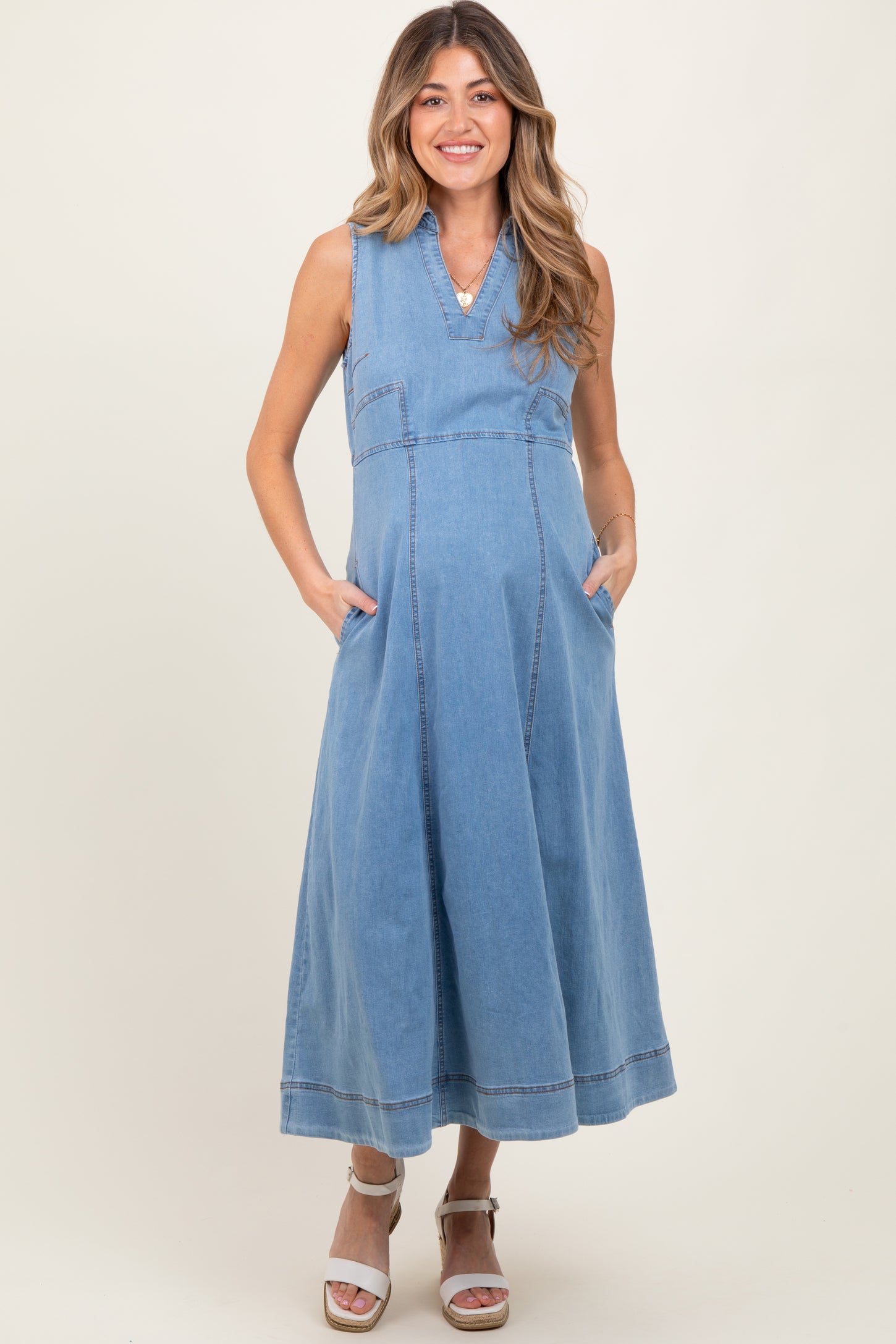 Light Blue Wash Collared Denim Flare Maternity Midi Dress