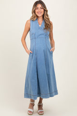 Light Blue Wash Collared Denim Flare Maternity Midi Dress