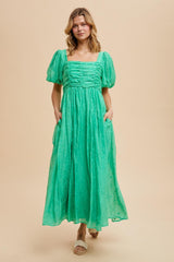 Green Embroidered Shirred Puff Sleeve Maxi Dress