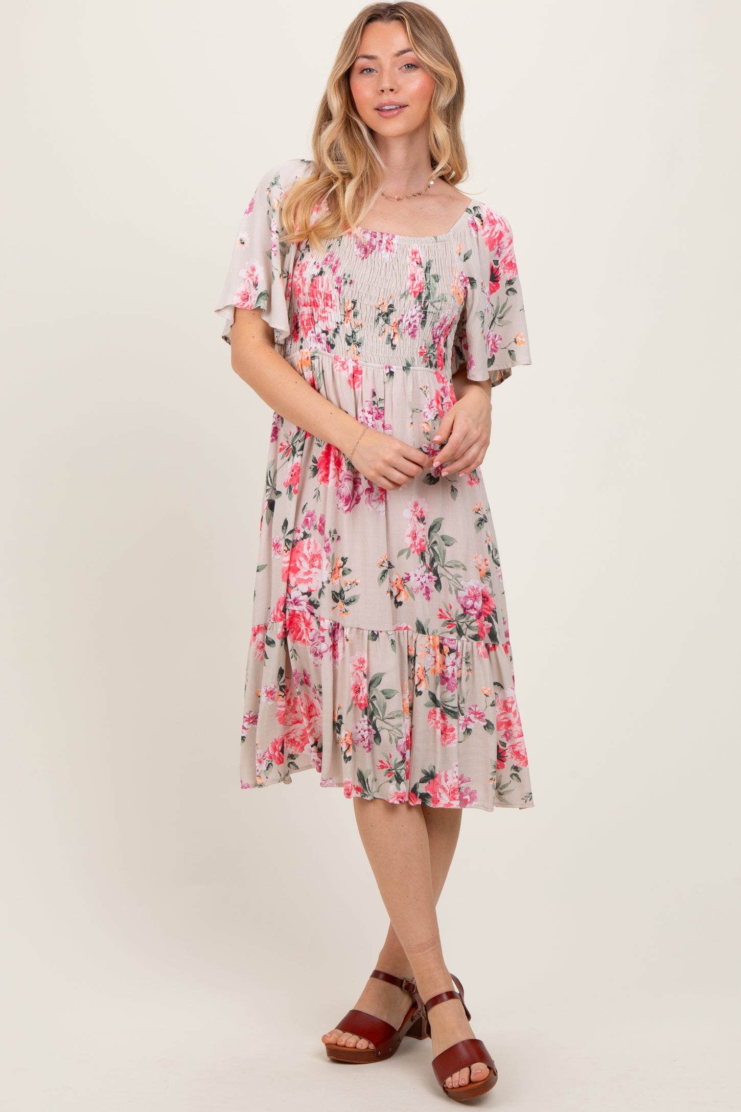 Pink Floral Smocked Maternity Midi Dress