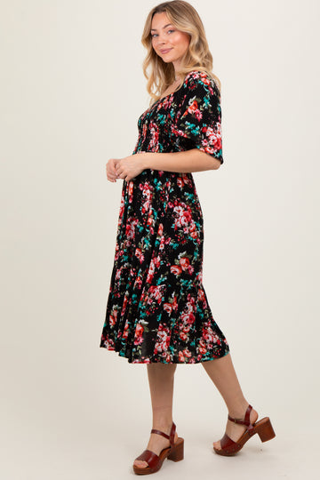 Black Floral Smocked Midi Dress