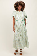 Green Floral Flutter Sleeve Waist Tie Maternity Maxi Dress