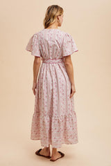 Magenta Floral Flutter Sleeve Waist Tie Maxi Dress