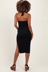 Black Halter Tied Criss-Cross Ribbed Maternity Midi Dress