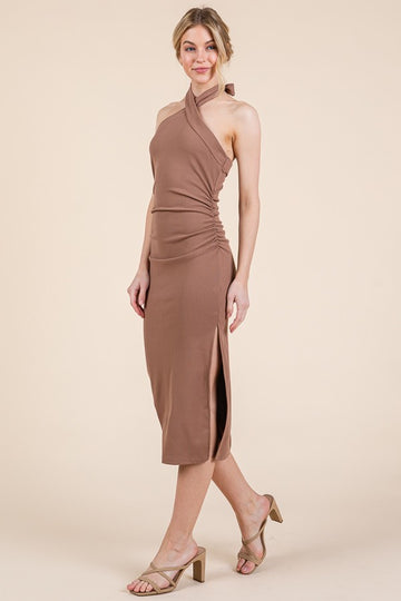 Mocha Halter Tied Criss-Cross Ribbed Midi Dress