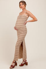 Light Taupe Ruffle Tiered Fitted Maternity Maxi Dress