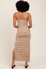 Light Taupe Ruffle Tiered Fitted Maxi Dress