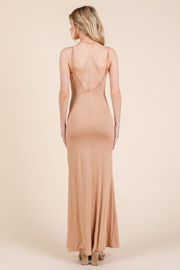 Beige Backless Fishtail Sleeveless Maxi Dress