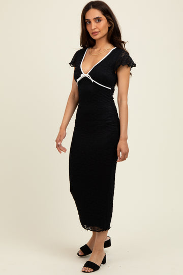 Black Lace Contrast Fitted Midi Dress