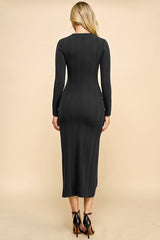 Black Crew Neck Side Ruching Deep Slit Midi Dress