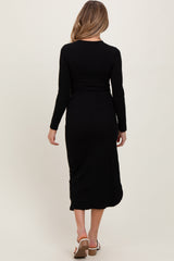 Black Crew Neck Side Ruching Deep Slit Maternity Midi Dress