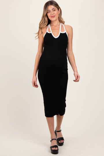 Black Contrast Trim Keyhole Cutout Maternity Midi Dress
