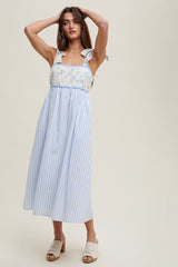 Light Blue Floral Contrast Stripe Shoulder Tie Midi Dress