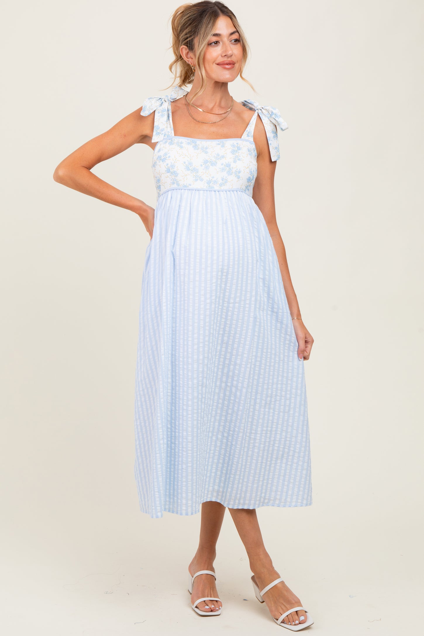 Light Blue Floral Contrast Stripe Shoulder Tie Maternity Midi Dress
