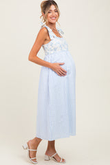Light Blue Floral Contrast Stripe Shoulder Tie Maternity Midi Dress