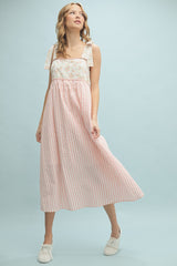 Peach Floral Contrast Stripe Shoulder Tie Midi Dress
