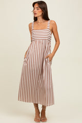 Mocha Striped Sleeveless Maternity Midi Dress