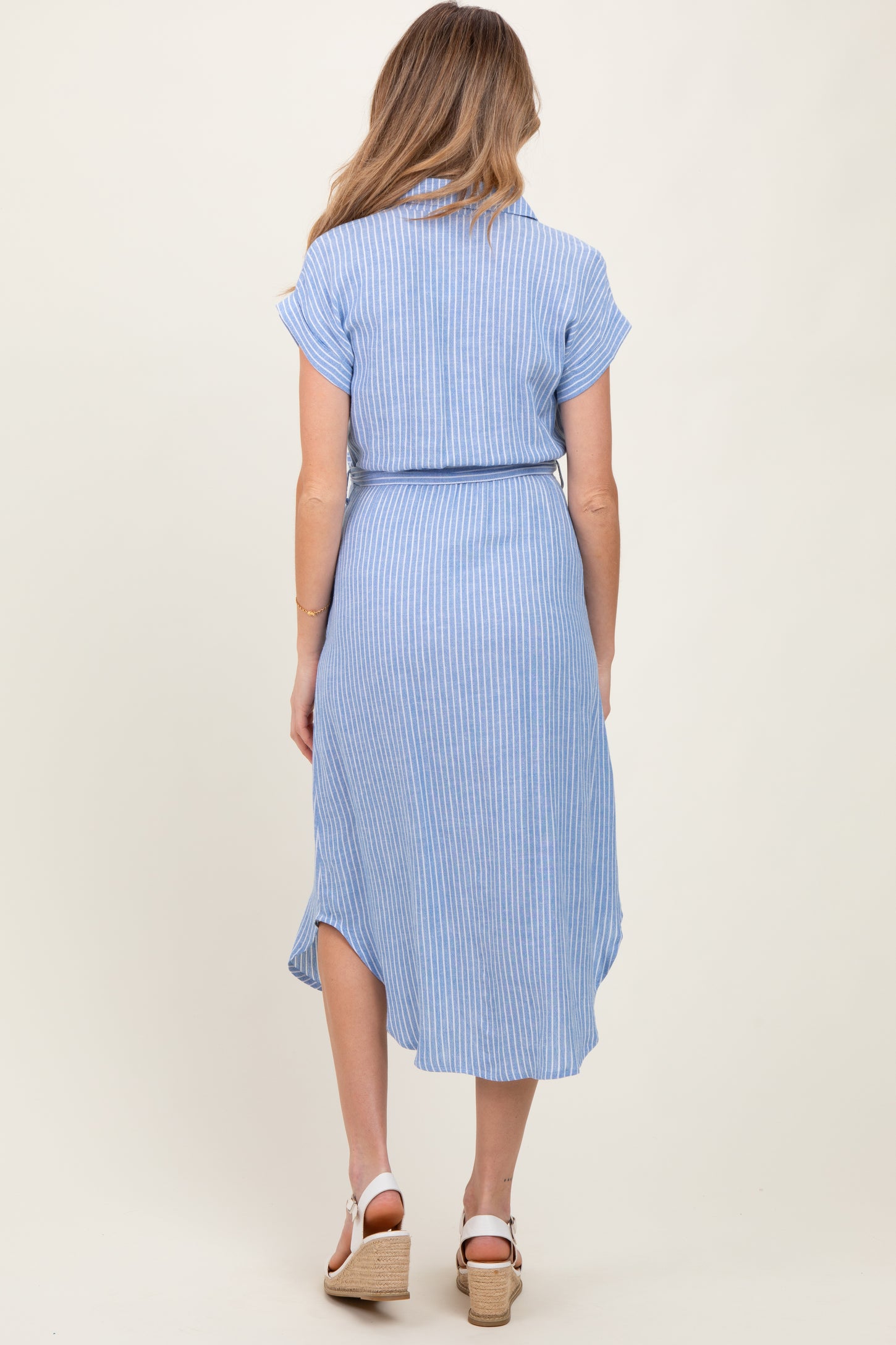 Blue Striped Sash Tie Maternity Midi Shirt Dress