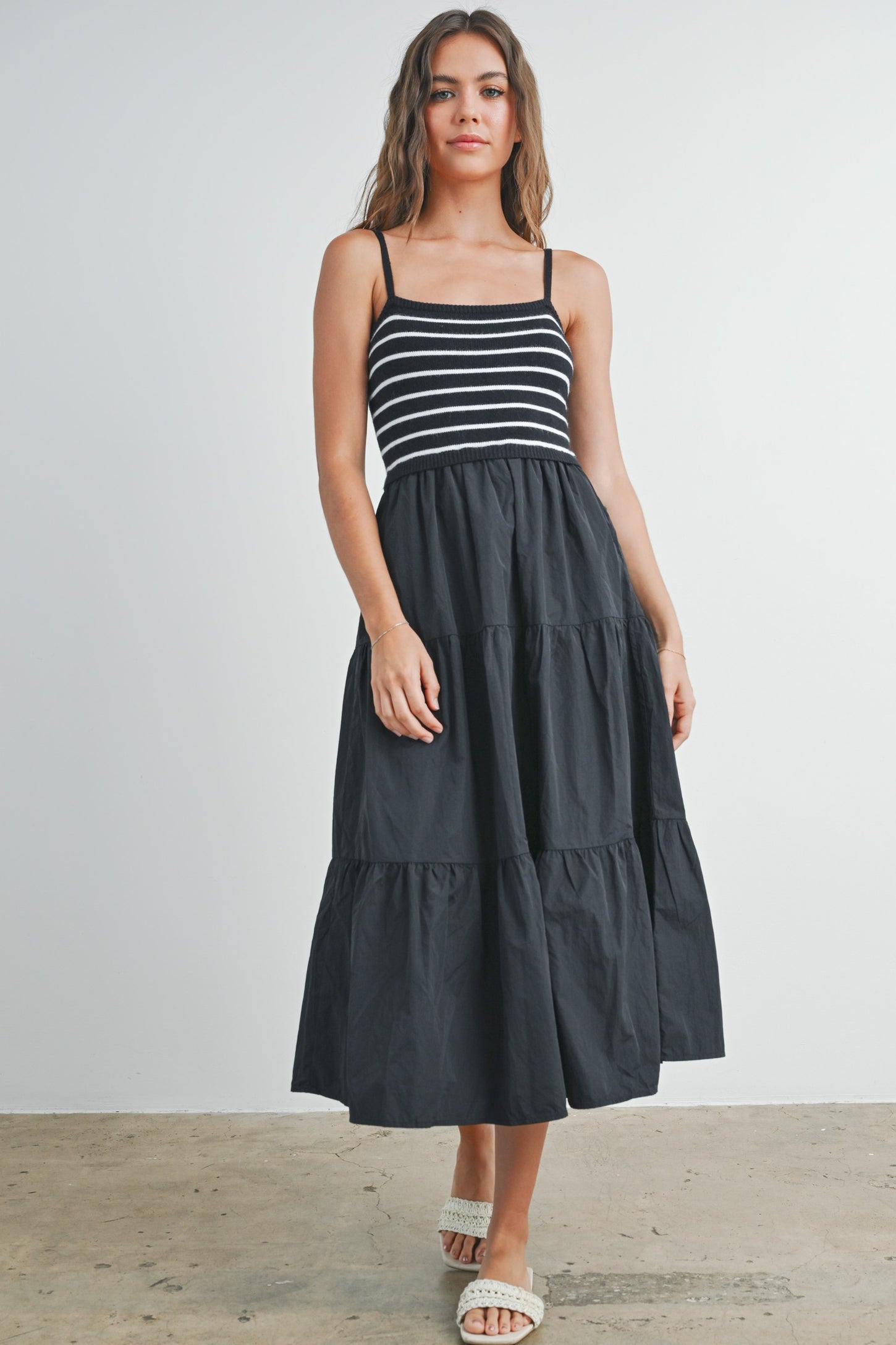 Black Striped Knit Top Tiered Maternity Midi Dress