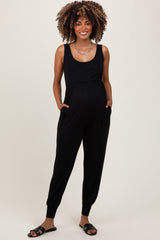 Black Scoop Neck Sleeveless Maternity Jogger Jumpsuit