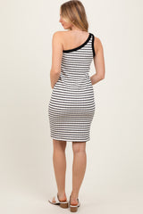 Cream/Black One Shoulder Striped Bodycon Knit Dress