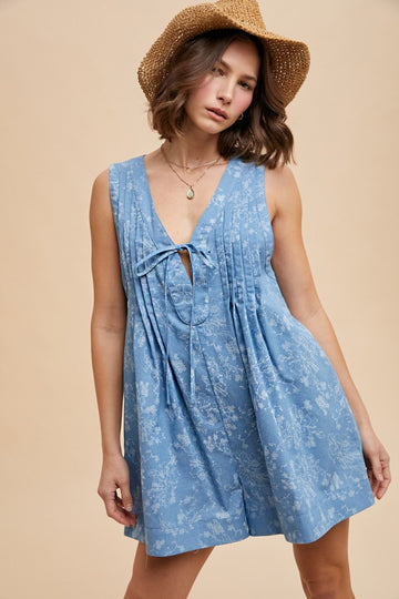 Light Blue Floral Chambray Pleat Front Romper