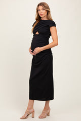 Black Asymmetrical Cutout Ruched Maternity Midi Dress