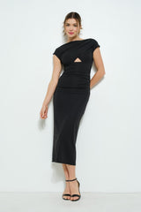 Black Asymmetrical Cutout Ruched Midi Dress