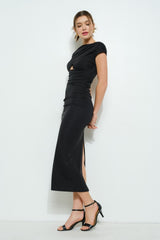 Black Asymmetrical Cutout Ruched Midi Dress