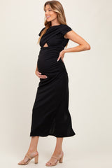 Black Asymmetrical Cutout Ruched Maternity Midi Dress
