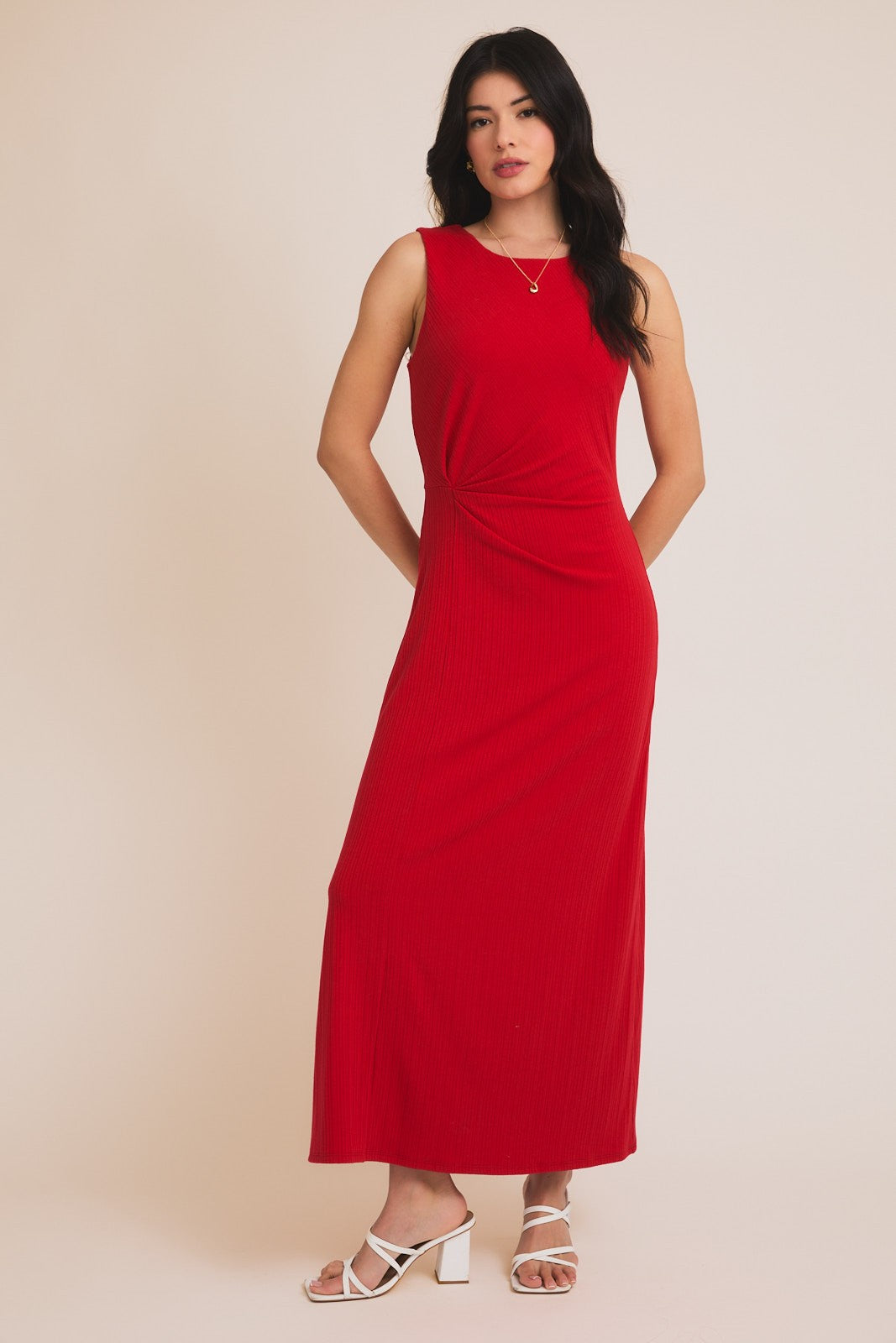 Red Gathered Waist Sleeveless Maternity Maxi Dress