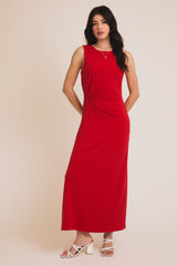 Red Gathered Waist Sleeveless Maternity Maxi Dress