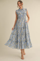 Blue Floral Print Chiffon Tiered Maternity Maxi Dress