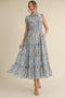 Blue Floral Print Chiffon Tiered Maxi Dress