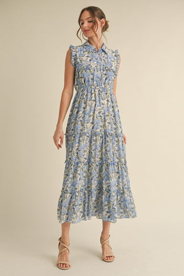 Blue Floral Print Chiffon Tiered Maxi Dress